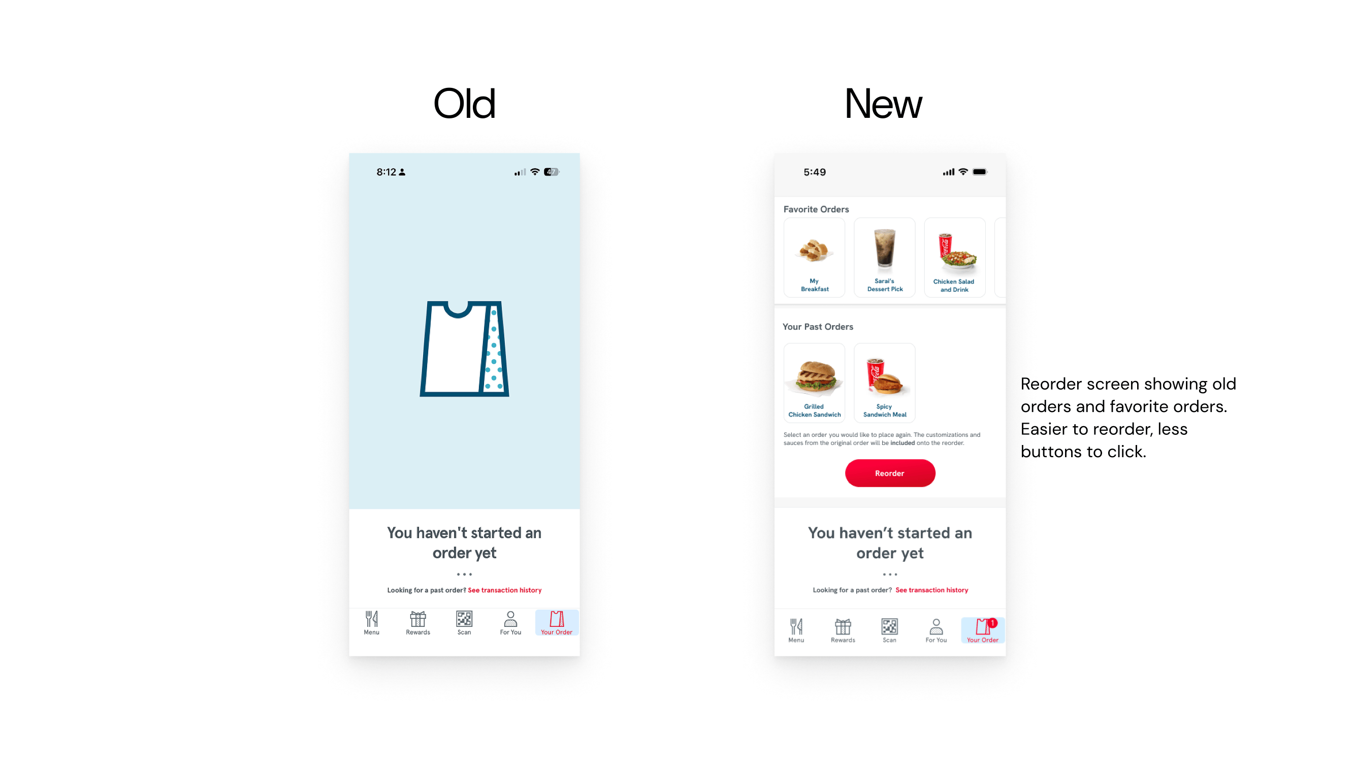an image showing the before and after of the "your order page" with a new look that features old orders and favorite orders, making it easier to reorder.